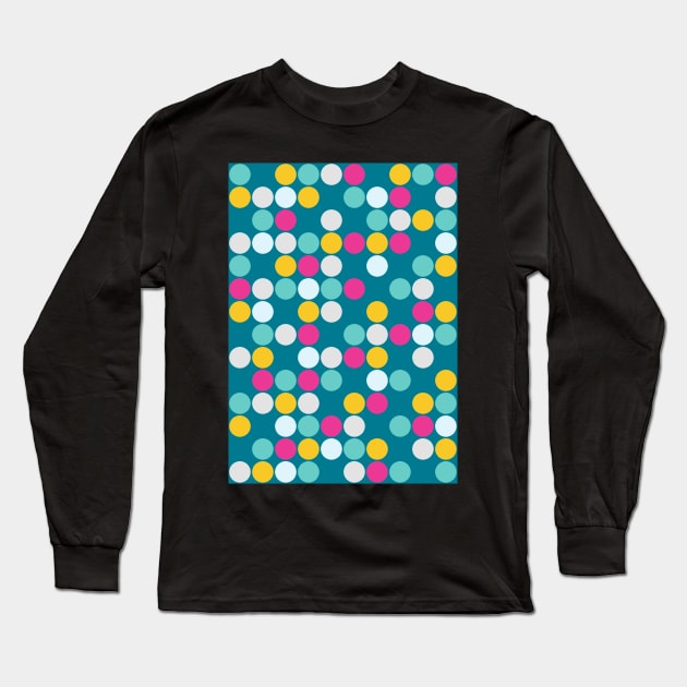 Colorful Circles Pattern Ocean Blue Turquoise Mustard Yellow Fuchsia Pink Grey Long Sleeve T-Shirt by dreamingmind